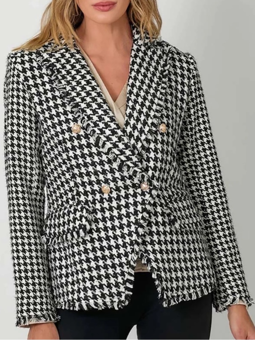 Mystree Women’s Black & White Houndstooth Fringed Tweed Blazer Size M